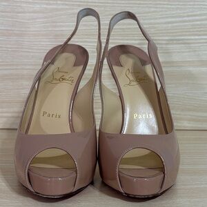 Christian Louboutin Nude Patent Peep Toe Slingback Heels Red Sole 38